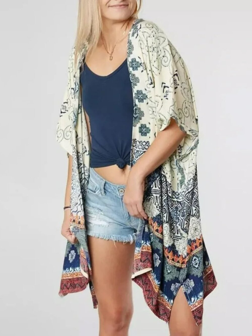 Altar'd State All Over Print Flyaway Kimono Longline Red White Blue Size S